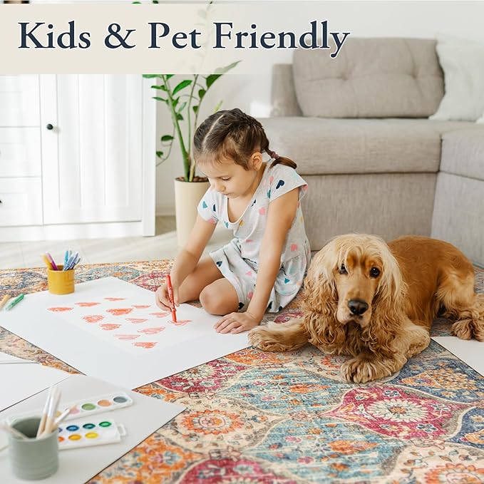 Lahome Moroccan Trellis Washable Area Rugs 5x7, 5x7 Area Rugs for Living Room Bedroom, Indoor Non-Slip Large Oriental Accent Throw Carpet for Kitchen Entryway Bathroom Office, Cream/Multi - Image 5