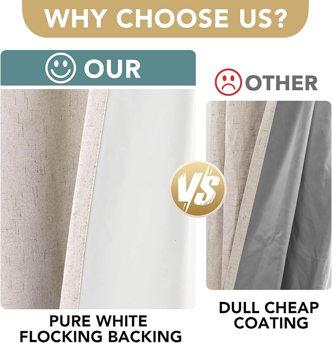 H.VERSAILTEX Linen 100% Blackout Curtains for Bedroom Full Light Blocking Curtains, Textured Window Curtain for Living Room 84 inch Grommet, Energy Efficient Curtains White Liner(2 Panels, Natural) - Image 4