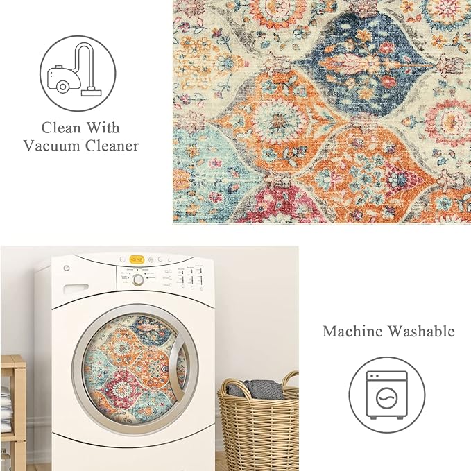 Lahome Moroccan Trellis Washable Area Rugs 5x7, 5x7 Area Rugs for Living Room Bedroom, Indoor Non-Slip Large Oriental Accent Throw Carpet for Kitchen Entryway Bathroom Office, Cream/Multi - Image 4