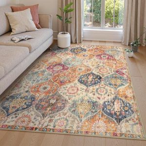 Lahome Moroccan Trellis Washable Area Rugs 5x7, 5x7 Area Rugs for Living Room Bedroom, Indoor Non-Slip Large Oriental Accent Throw Carpet for Kitchen Entryway Bathroom Office, Cream/Multi