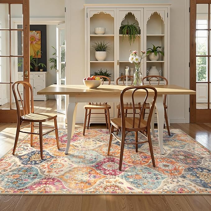 Lahome Moroccan Trellis Washable Area Rugs 5x7, 5x7 Area Rugs for Living Room Bedroom, Indoor Non-Slip Large Oriental Accent Throw Carpet for Kitchen Entryway Bathroom Office, Cream/Multi - Image 2